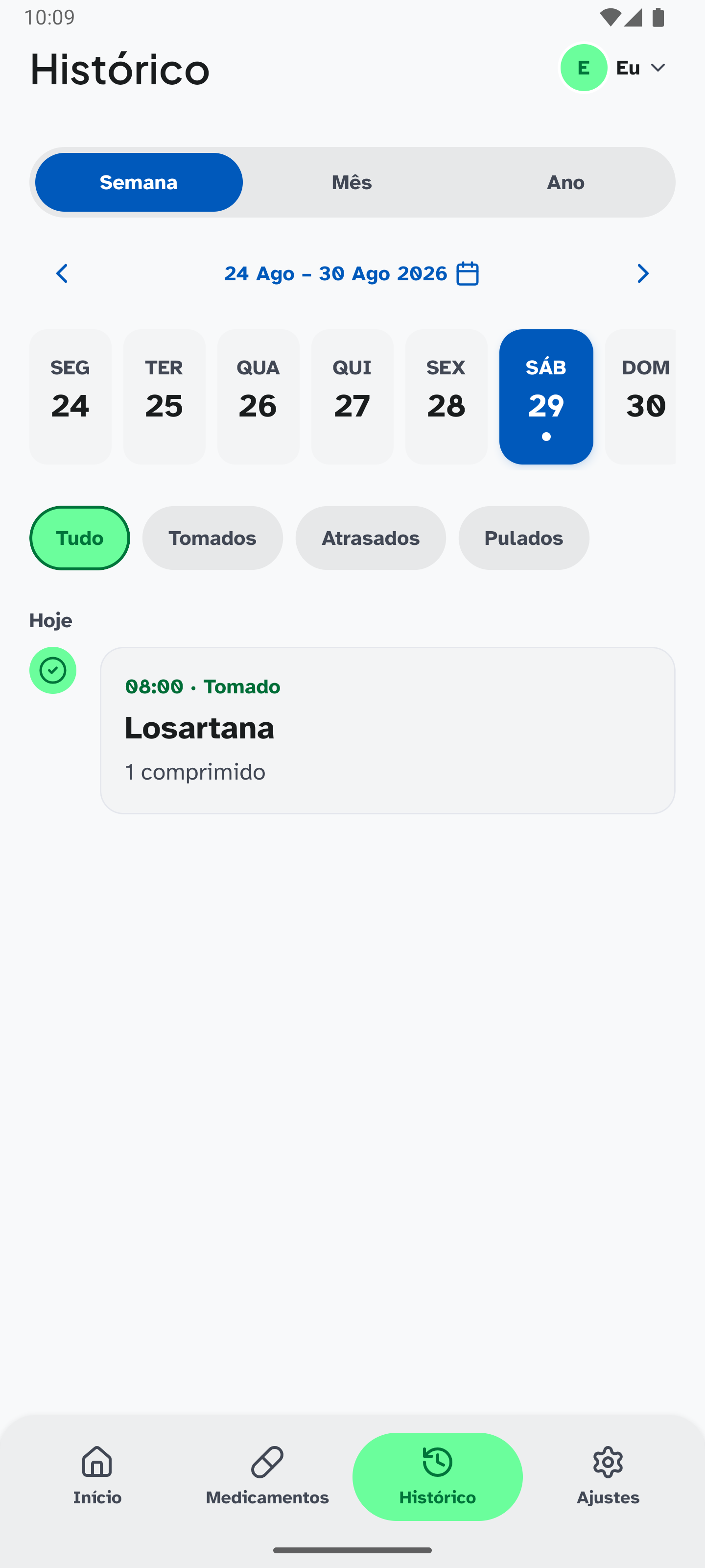 Histórico do Pingo com doses tomadas, adiadas e puladas.