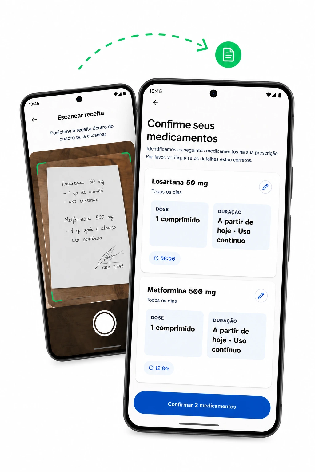 Composição do Pingo mostrando a fotografia de uma receita e a revisão dos medicamentos identificados antes da confirmação.